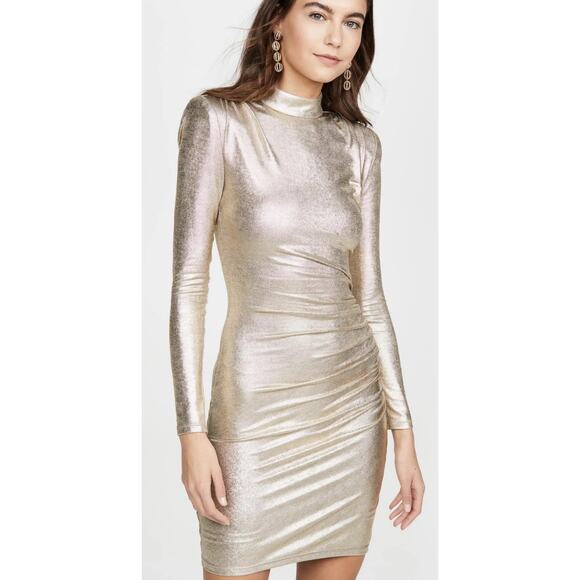 Alice +‎ Olivia Hilary Ruched Gold Metallic Finish Mock Neck Dress Size 4 - Picture 5 of 12